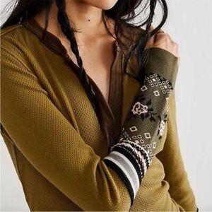 Free People Olive Long Sleeve Top with Patterned Cuffs